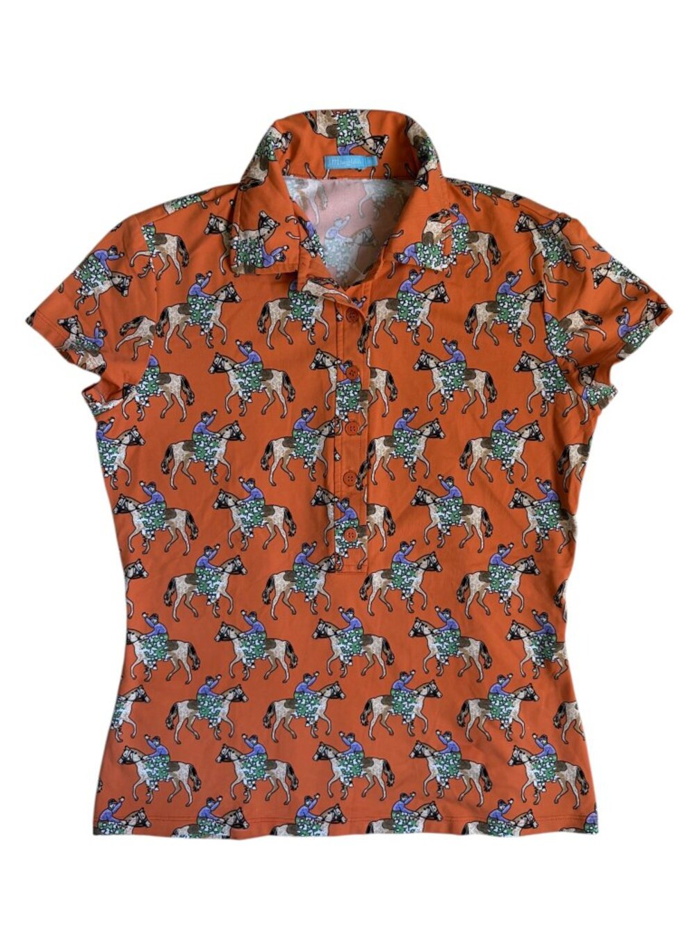 J. McLaughlin Equestrian Derby Print Short-Sleeve Polo Shirt (Orange) - XS - Picture 4 of 9